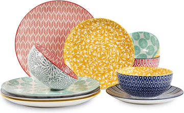 Ceramic Dinnerware Sets, 12-Pieces Plates and Bowls Sets, Scratch Resistant Dishes set for 4