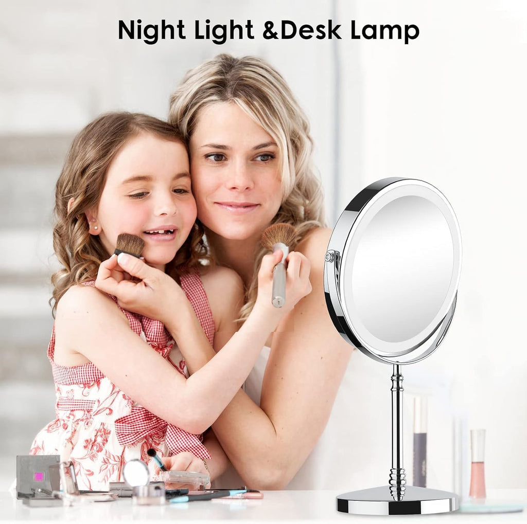 Makeup Mirror, 3000mAh Rechargeable Double-Sided Magnifying Vanity Mirror with 3 Colors, 1X/10X, Adjustable Brightness