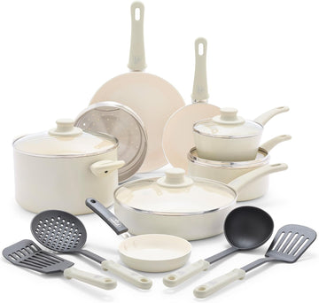 16 Piece Ceramic Nonstick Pots & Pans Cookware Set, Cream | PFAS-Free Nonstick Coating, Stockpot, Frying Pans