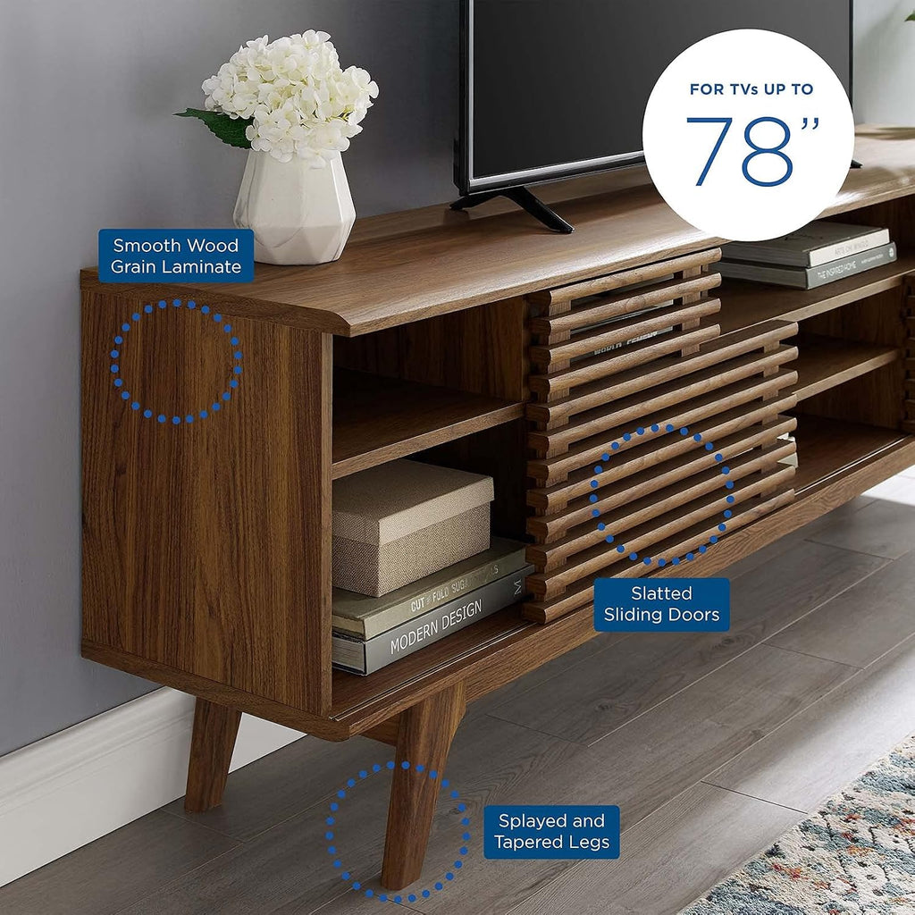 Render 71" Mid-Century Modern Low Profile Media Console TV Stand, 71 Inch, Walnut