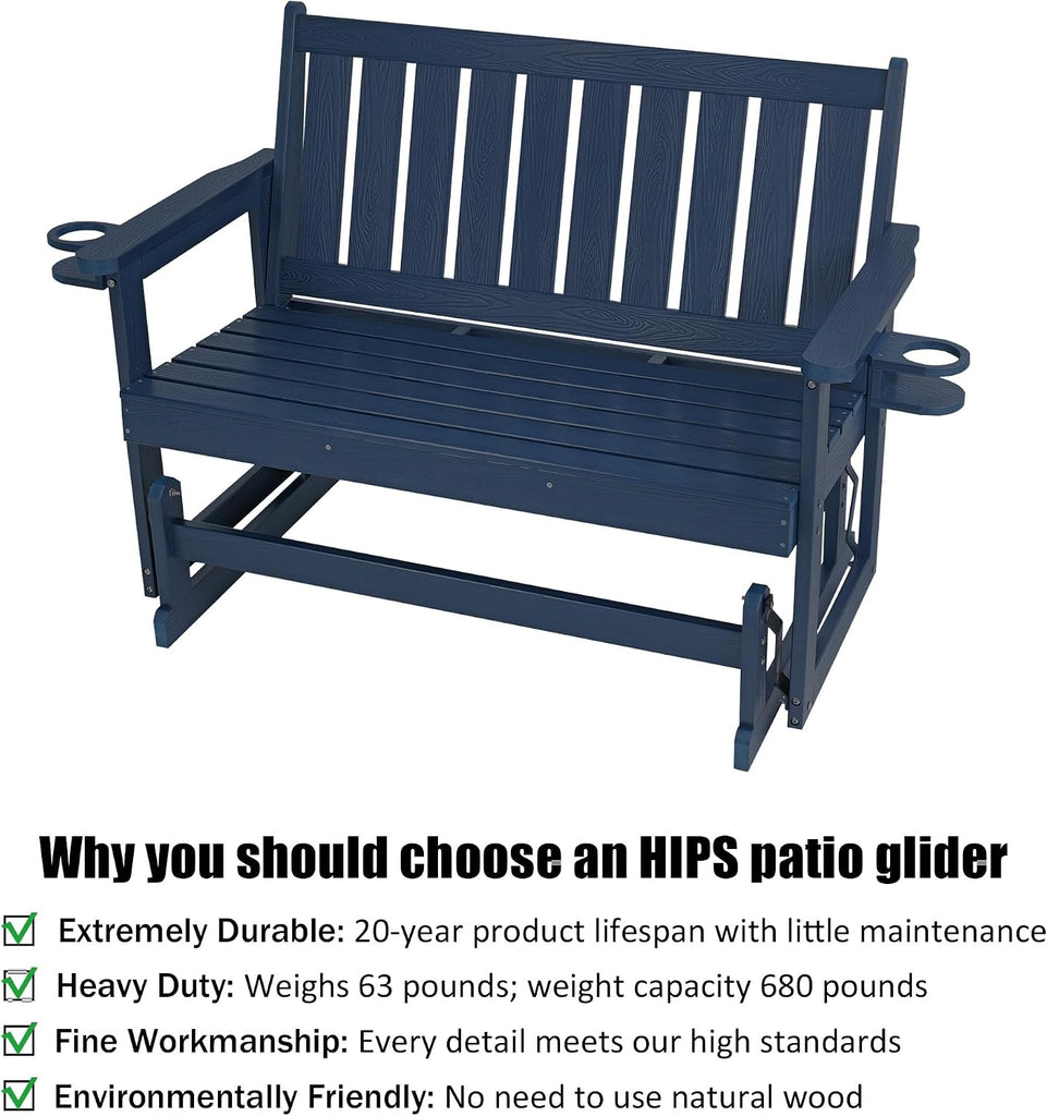 Poly Lumber Patio Glider, HIPS Material Weather-Resistant Swing Bench for Outdoor Porch Garden (Navy Blue, 2-Seater)