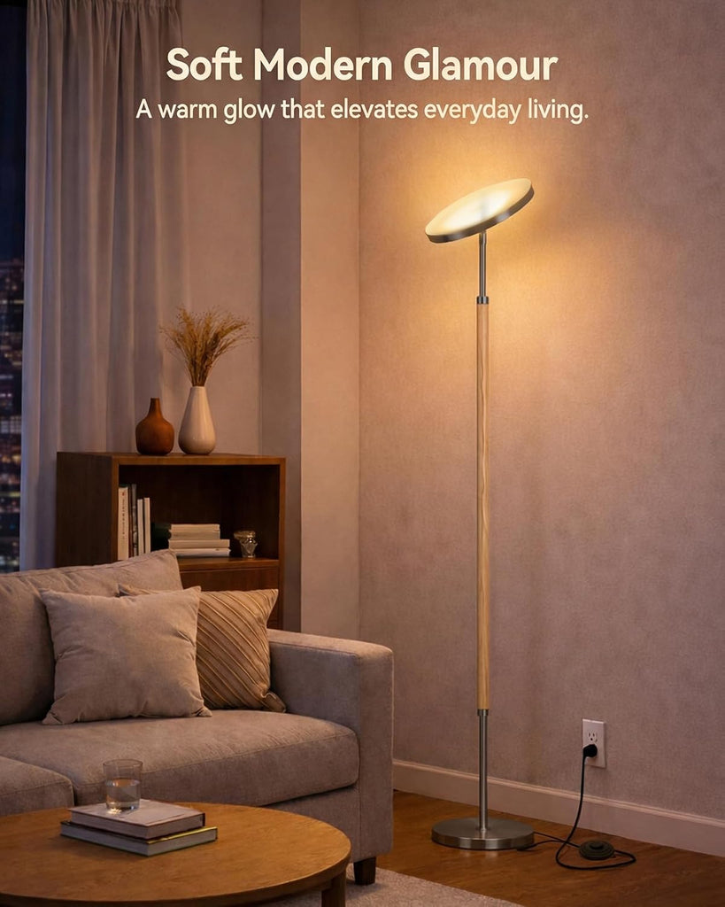 Wood Torchiere Floor Lamp, Super Bright Stepless Dimmable LED Uplight Standing Lamp with Remote Adjustable Color