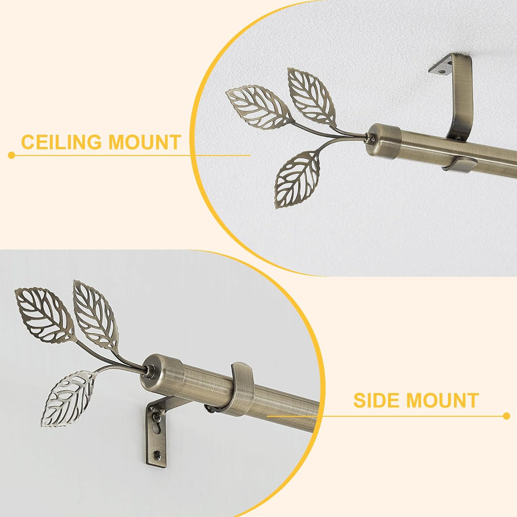 Brass Curtain Rod 1 Inch Diameter with Vivid Leaf Finials Telescoping Single Rod for Kitchen Living Room Bedroom