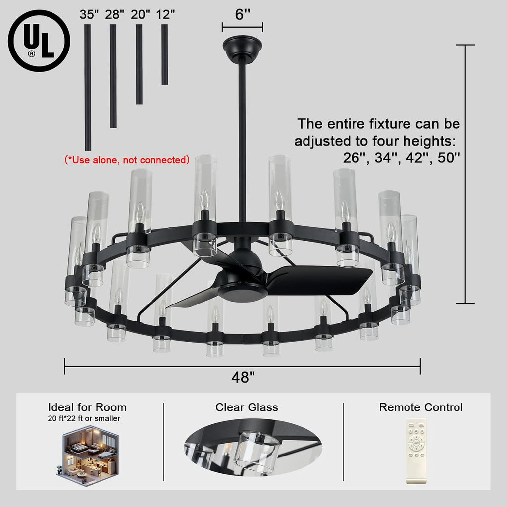 Inspired Ravelle Style Black Ceiling Fans with 16 Lights Wagon Wheel Chandelier, 48 Inch Modern Farmhouse Fandelier, Quiet 6-Speed Reversible DC Motor, 1/2/4H Remote Timing for Living Room/Bedroom/Kitchen