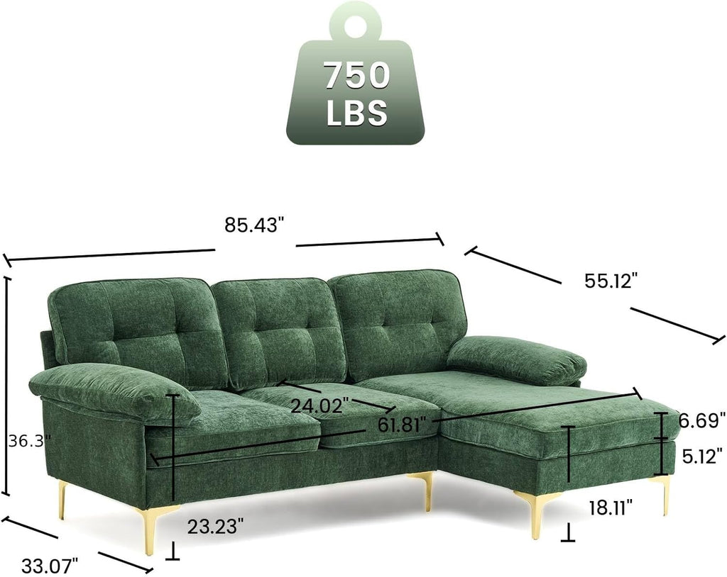 Sectional Couches ,85" L-Shaped Sofas,Modern Couch with Deep Seats & Chaise Longue,Removable Sofa Pillows