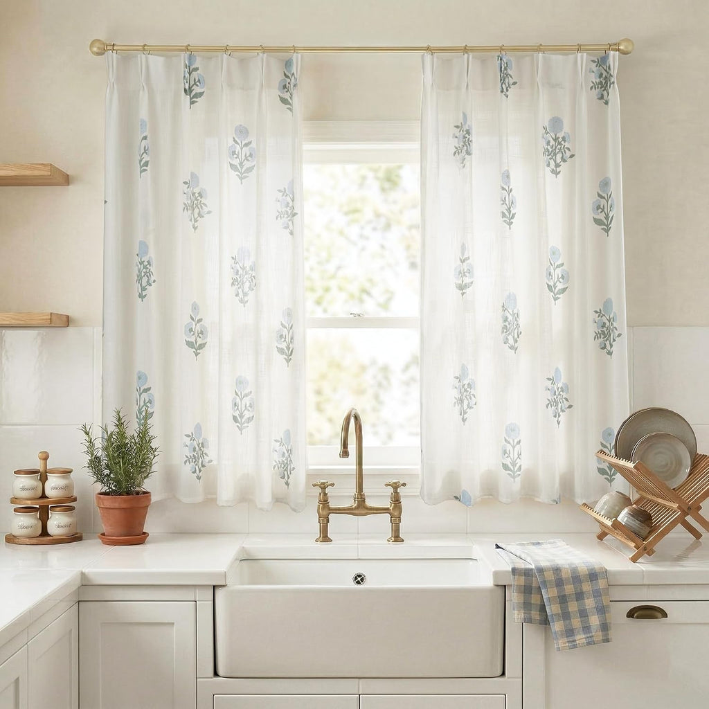 Floral Curtains 63 Inch Length Bedroom, Blue Green White Pattern Linen Semi Sheer Light Filtering Pinch Pleated