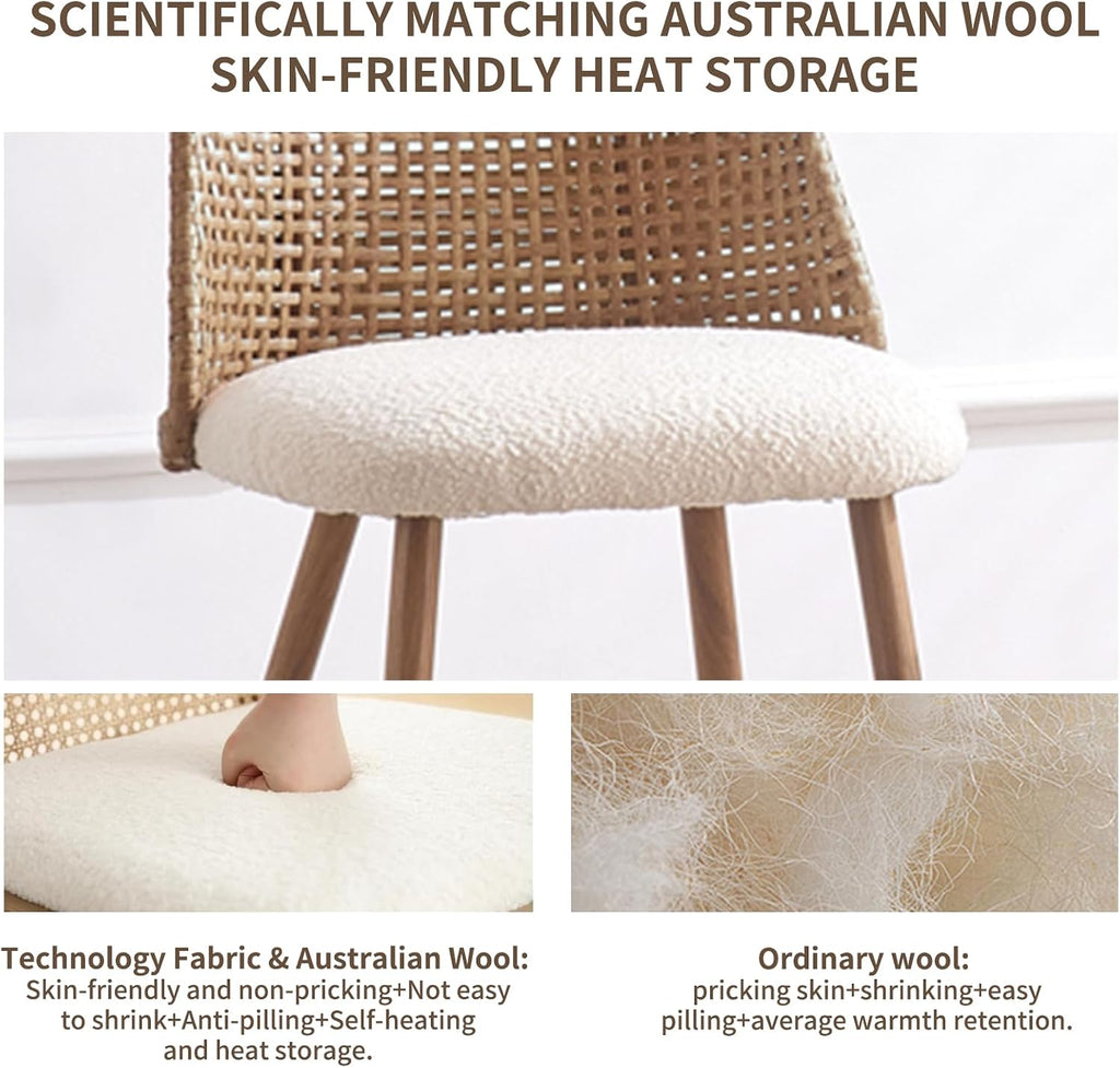 Rattan Dining Chairs Set of 4, Rattan Dining Chairs with Cane PE Rattan Backrest,Upholstered Boucle Fabric Dining