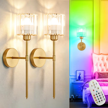 Battery Operated Wall Sconce: Set of 2 Wireless Crystal Wall Lights with Remote - Rechargeable 15 Colors Gold Wall