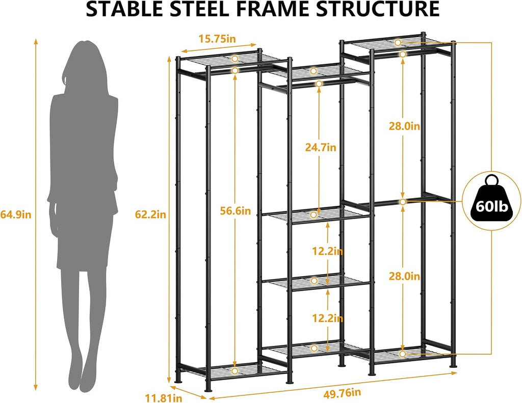 Wardrobe Closet, 4 Hanging Spaces Portable Clothes Rack,Free Standing Closet Organizer and Storage System with