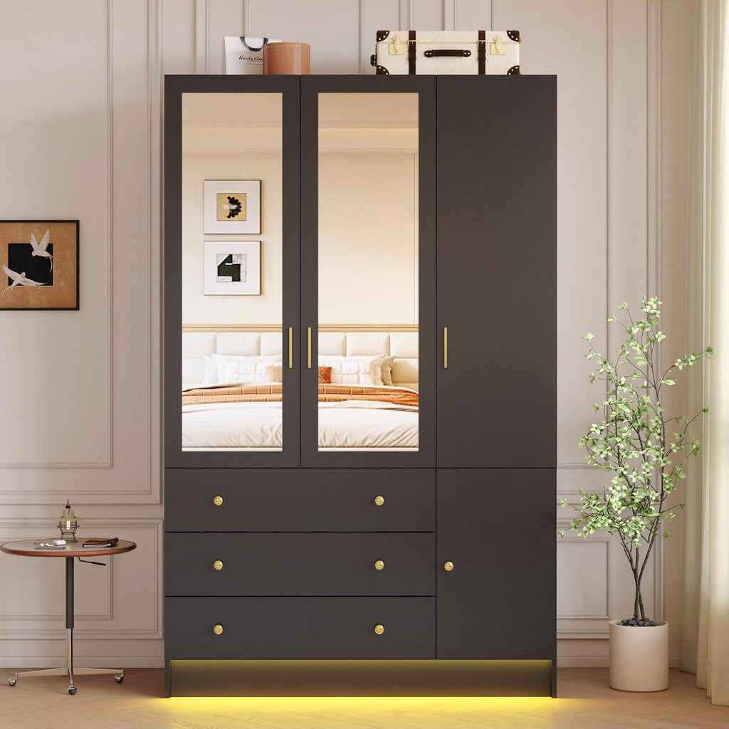 75" Tall Wardrobe Closet with 3 Doors & 3 Drawers, Modern Armoire with Mirror & LED Lights, Wooden Armoire Wardrobe