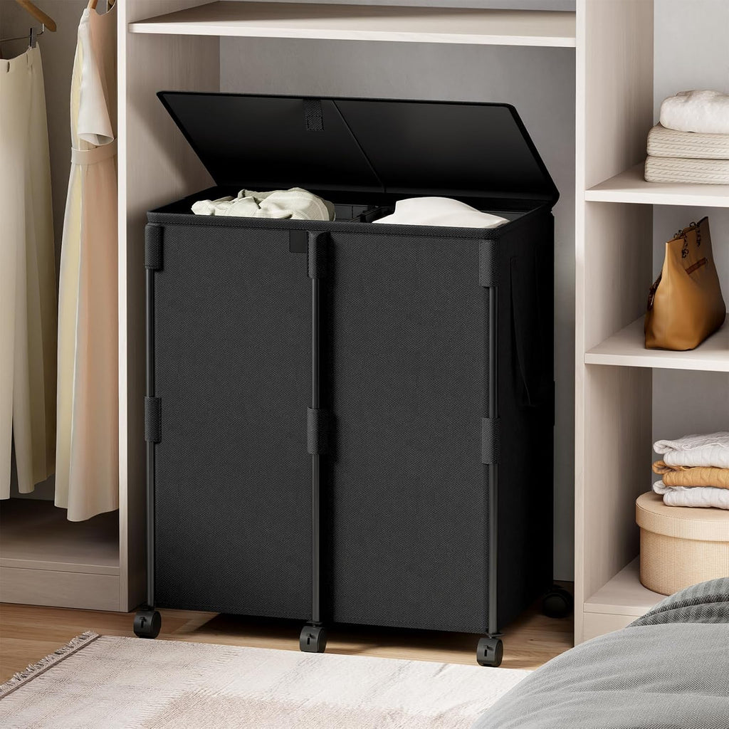 140L Double Laundry Hamper with Lid and 6 Wheels, Rolling Laundry Basket | Metal Frame Laundry Sorter 2 Section with