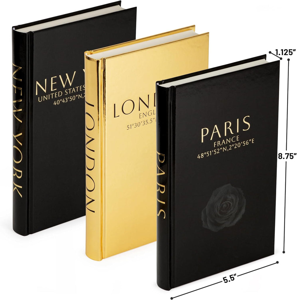Decorative Books Decor - Coffee Table Books, Set of 3 | Bookshelf Decor, Faux Hardcover Books, Black & Gold Design