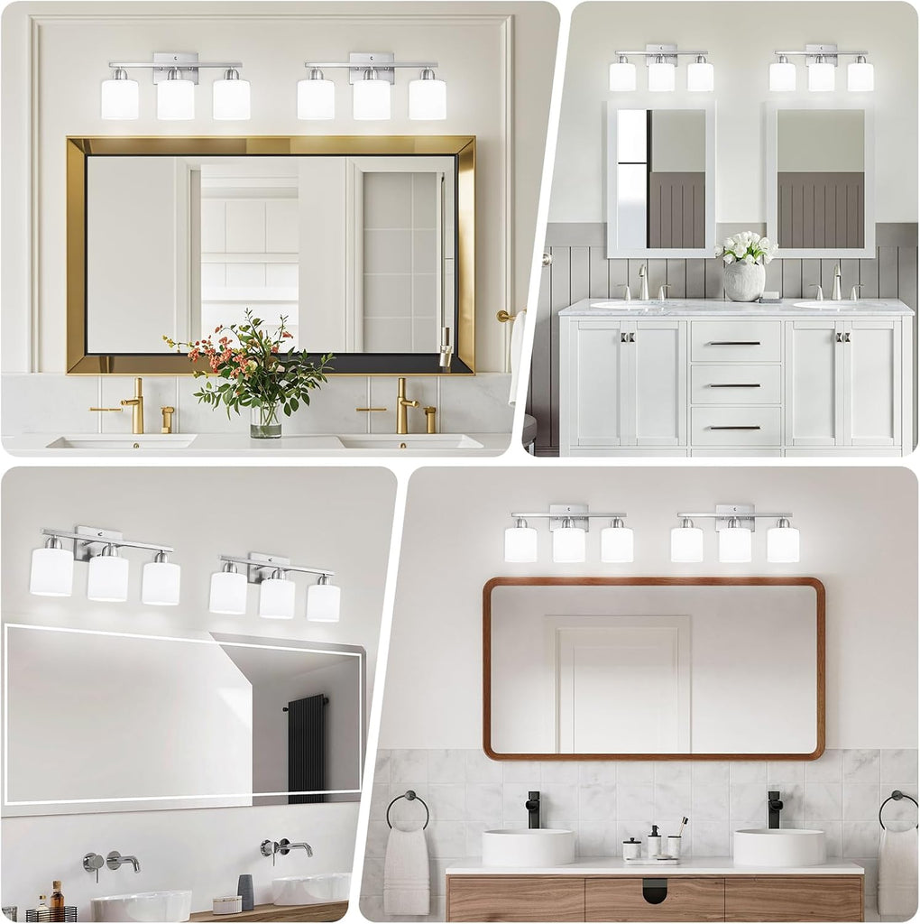 Brushed Nickel Bathroom Light Fixture, Anti-Rust Finish 3 Light Vanity Lights , Bath Lights with Milky White Frosted