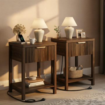 Night Stand Set 2, Fluted Nightstand with Charging Station, Wood Modern Bedside End Table with Storage Drawer , Save