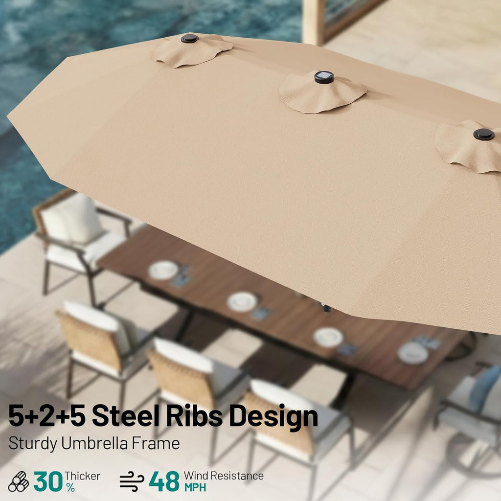 15FT Patio Umbrella with Solar Lights, Double Sided Outdoor Table Umbrellas with Crank