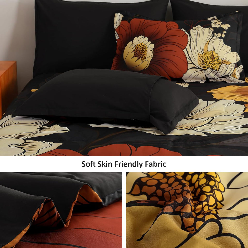 Black Floral Comforter Set 7 Pieces Bed in a Bag Flower Bedding Sets Lightweight Boho Bed Set