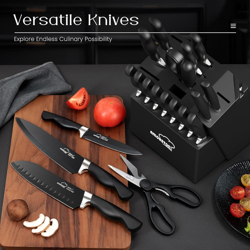 Knife Set, 21 Pieces Kitchen Knife Set with Block and Sharpener, Ultra-Sharp Knives Set with Ergonomic Handles, Black