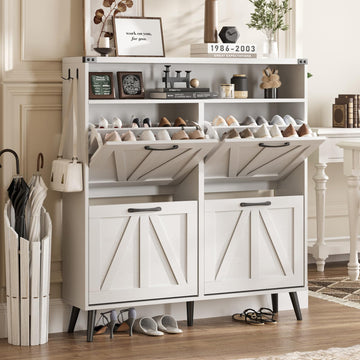 Shoe Cabinet with 4 Flip Drawers, Farmhouse Shoe Storage Cabinet, Narrow Freestanding Organizer Rack with Open Shelves