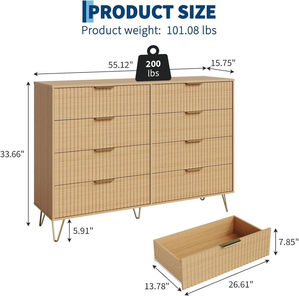 Fluted Dresser with 8 Drawers,55" Wide Modern Chest of Wooden Bedroom Chest with Metal Handle,Clothes Storage