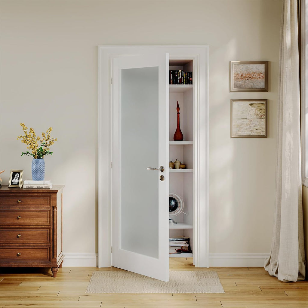 Slab Door Interior for 18" X 80" Opening,Full Lite Tempered Frosted Glass,Solid Core,Pre-Assembled,Premium Baking Paint Finish for Bathroom,Pantry,White,Easy Install, Without Hardware Kit