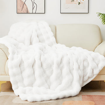 White Throw Blanket, Soft Faux Fur Bubble Blankets, Cozy Warm Fluffy Blanket for Winter, Great Birthday Gift