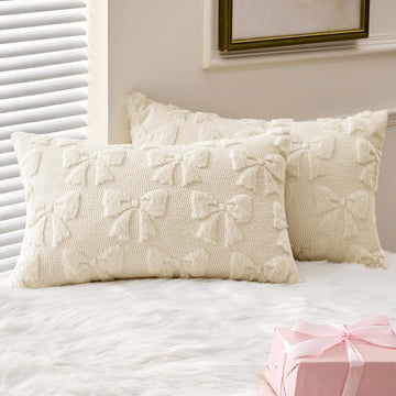 Cream White Bow Pillow Covers Coquette Room Decor 12x20 Lumbar