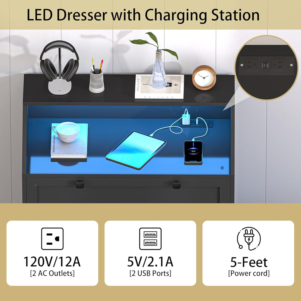 Black Dresser Tall 5 Drawer Dresser , Wood Chest of Drawers with LED Lights, Charging Station, Metal Handles, Modern