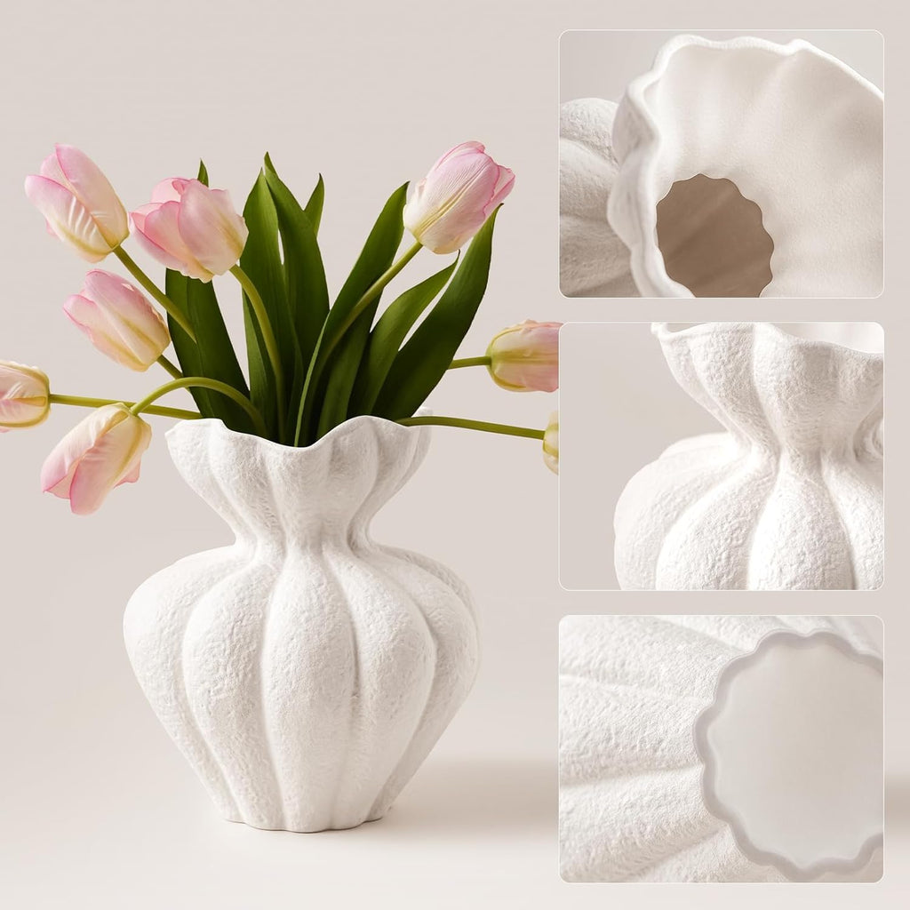 White Ceramic Vase, 8.2 Inch Modern Boho White Flower Vase