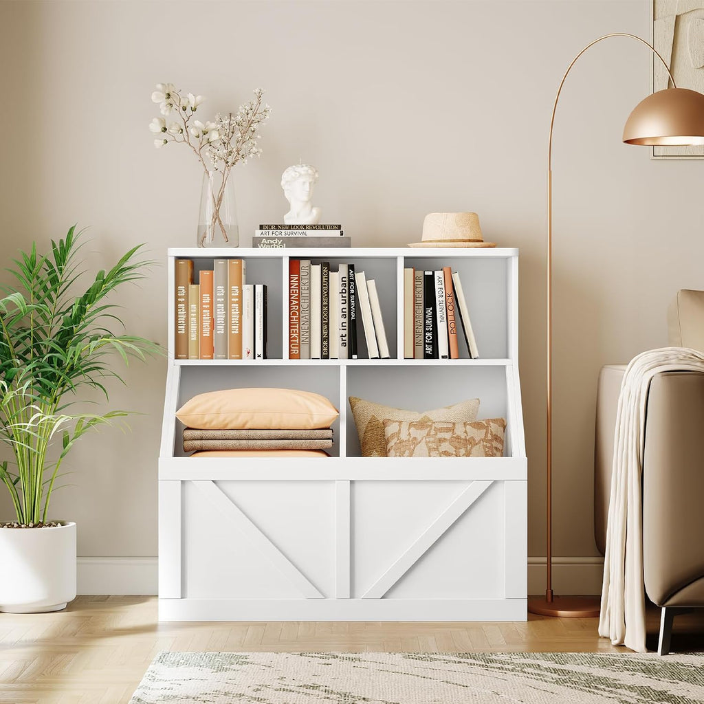 Kids Bookshelf and Toy Storage, Kids Toy Storage Organizer, White | Toy Organizer with Storage Cabinet and Cubby