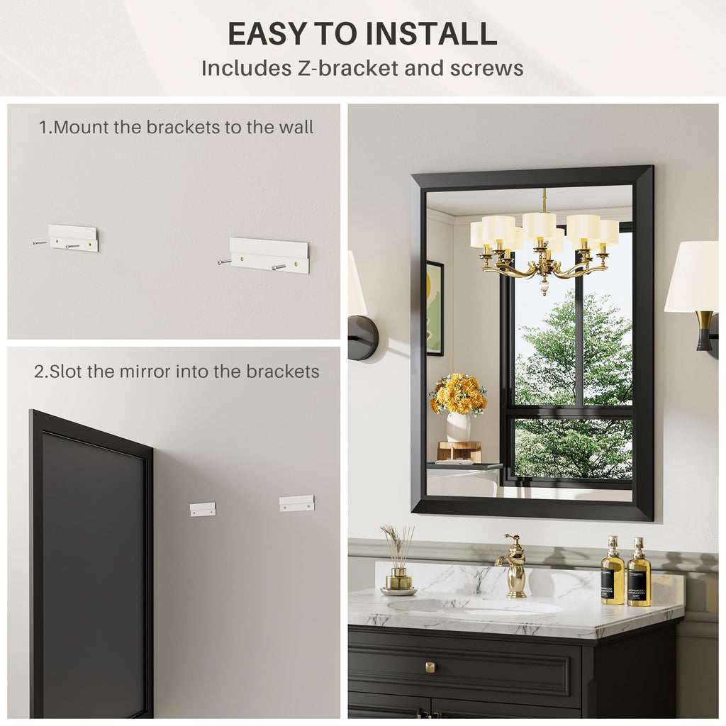 Black Metal Framed Bathroom Wall Mirror, 24x36 Inch
