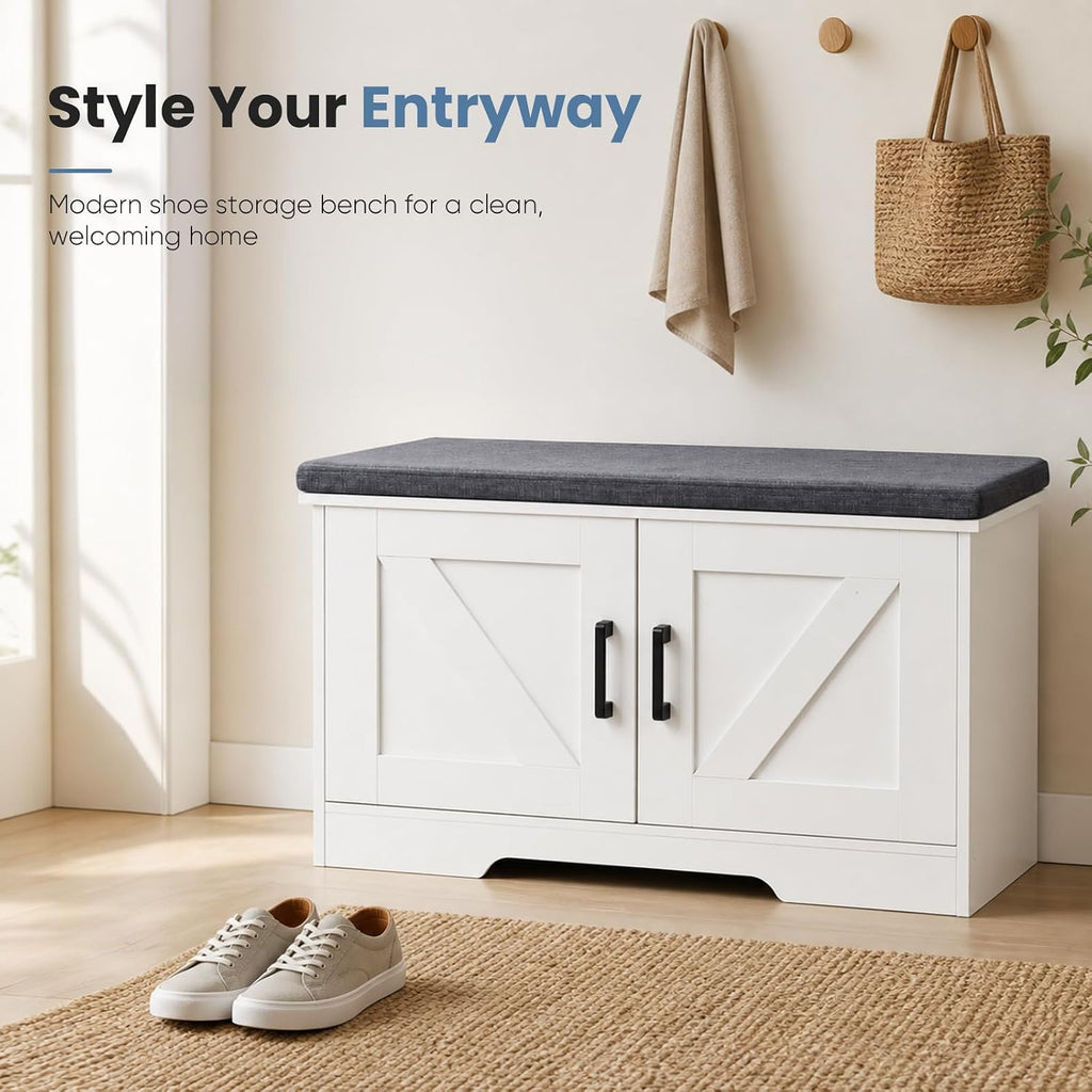 Shoe Storage Bench with Cushion, 27.6IN, White | Shoe Organizer Cabinet with Padded Cushion and Doors, Adjustable