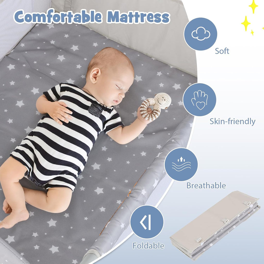 5-in-1 Pack and Play, Portable Baby Bedside Sleeper with Bassinet, U-Shaped Diaper Changer, Safety Strap, Side