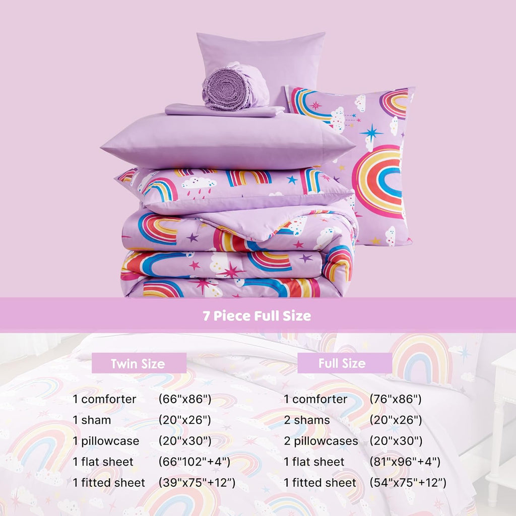 Full Comforter Set for Girls-7 Pieces Purple Rainbow Glow in the Dark Full Bedding Sets for Kids