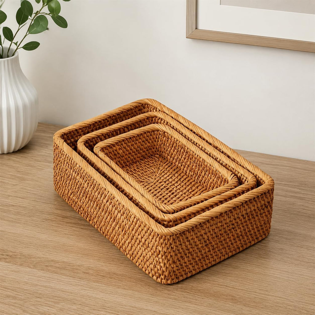3 Pack Natural Rattan Storage Baskets, Rectangular Woven Fruit Baskets for Decor, Handmade Woven Nesting Bread