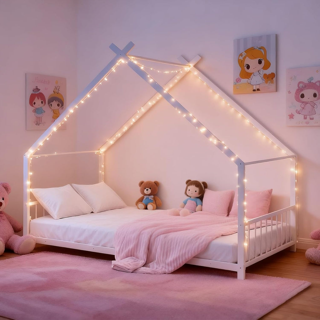 Twin Size Metal Toddler Floor Bed with Slats & Fence, White | Metal Montessori Bed, Roof/House/Canopy Bed Frame for