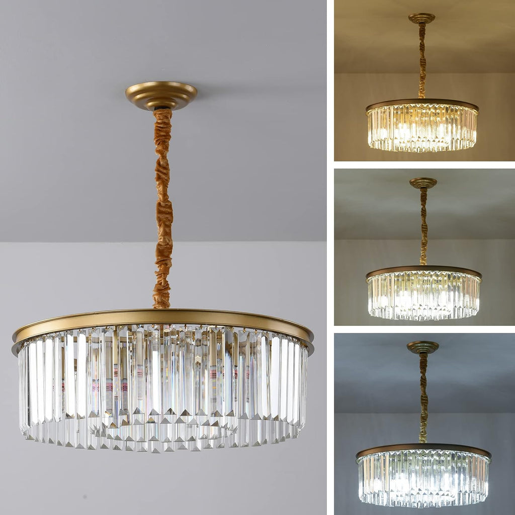 Gold Modern Crystal Chandelier, 2-Tier Round Flush Mount Ceiling Light Fixtures Height Adjustable Pendant Lighting