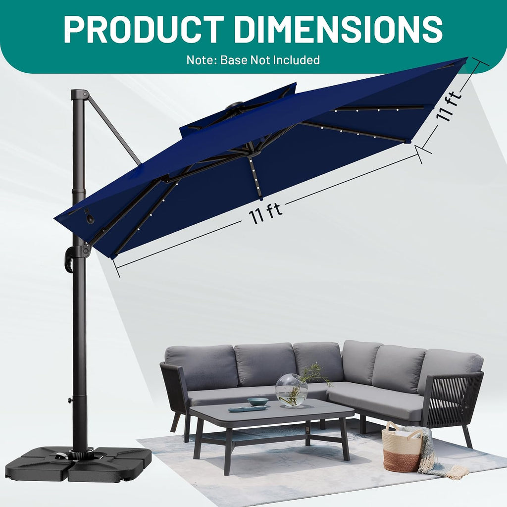 11×11FT Solar LED Cantilever Umbrella, Double-Top Outdoor Patio Offset with 360 Degree Rotation