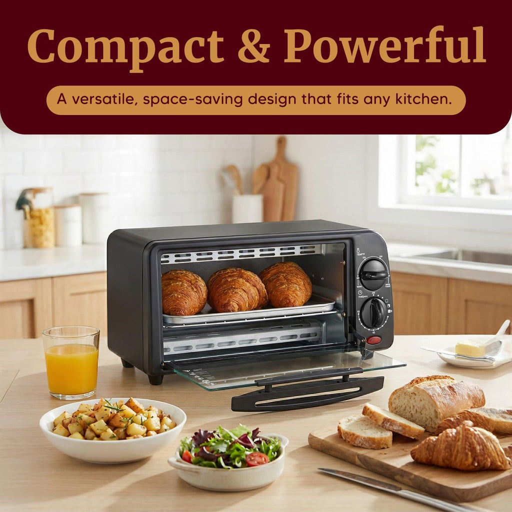 ETO236 Personal Compact 2 Slice Countertop Toaster Oven with 15 Minute Timer & Adjustable Temperature, Bake, Broil, & Toast, Black