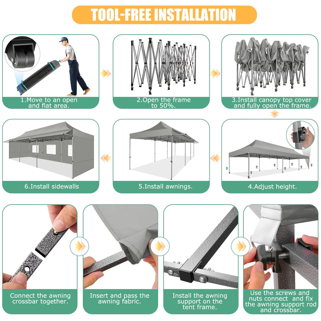10x30 Heavy Duty Pop Up Canopy Tent with Awning, Gray