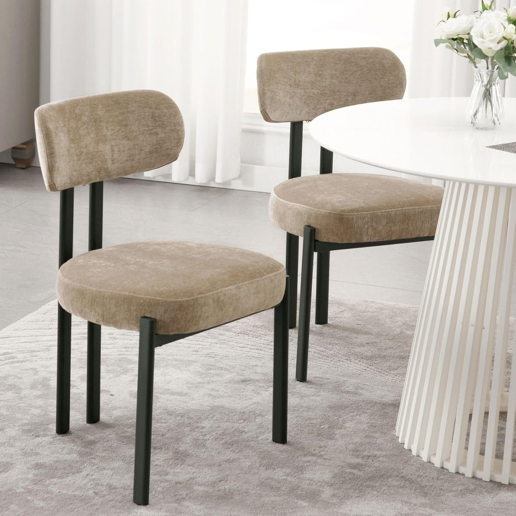 Chenille Dining Chairs Set of 2, Modern Curved Back Armless Kitchen Chairs with Black Metal Legs Upholstered Dining Room Chairs Reception Chairs for Living Room Office Restaurant, Khaki