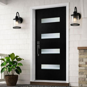 36 x 80 Fiberglass Entry Door with Brickmould, Frosted Glass, Black Finished Knock-Down Fiberglass Door - Contemporary