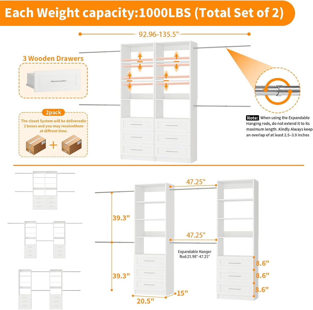 Closet System with 6 Drawers, 6FT-15FT Wooden Closet Organizer System with 8 Expandable Hanging Rods and Shelves
