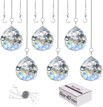 Clear Crystal Sun Catcher Suncatcher Prism Ball with Metal Chains - 6 Pack, 1.6"/40mm, Rainbow Pendant Maker