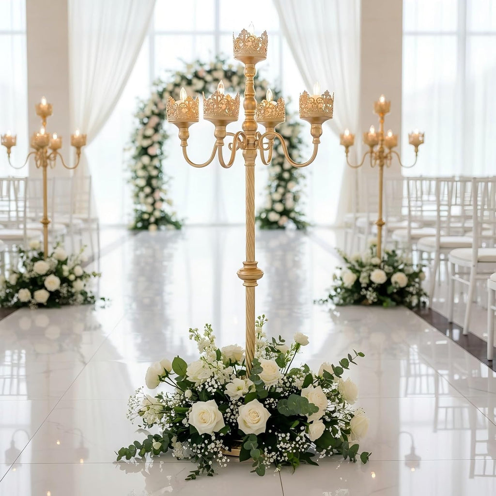 Gold Floor Candelabra, 40'' Tall Floor Candle Holders, 2 Pcs Metal 5 Arm Candelabra Centerpiece Decorations for 5