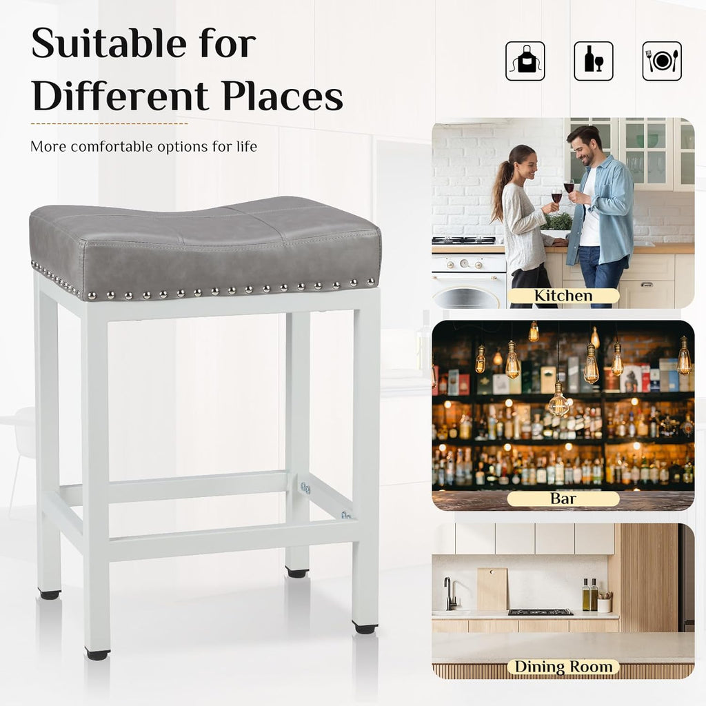 24 Inch Bar Stools Set of 2, Counter Height Barstools Island, PU Leather Upholstered Modern Sadle Barstools