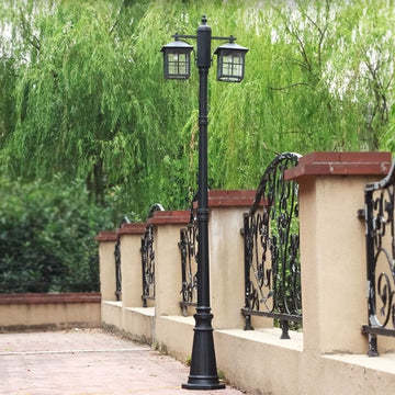 Outdoor Lamp Post Light, 2-Lights E27 Traditional Retro Outdoor Path Pillar Light Ip54 Waterproof Glass Lantern Black