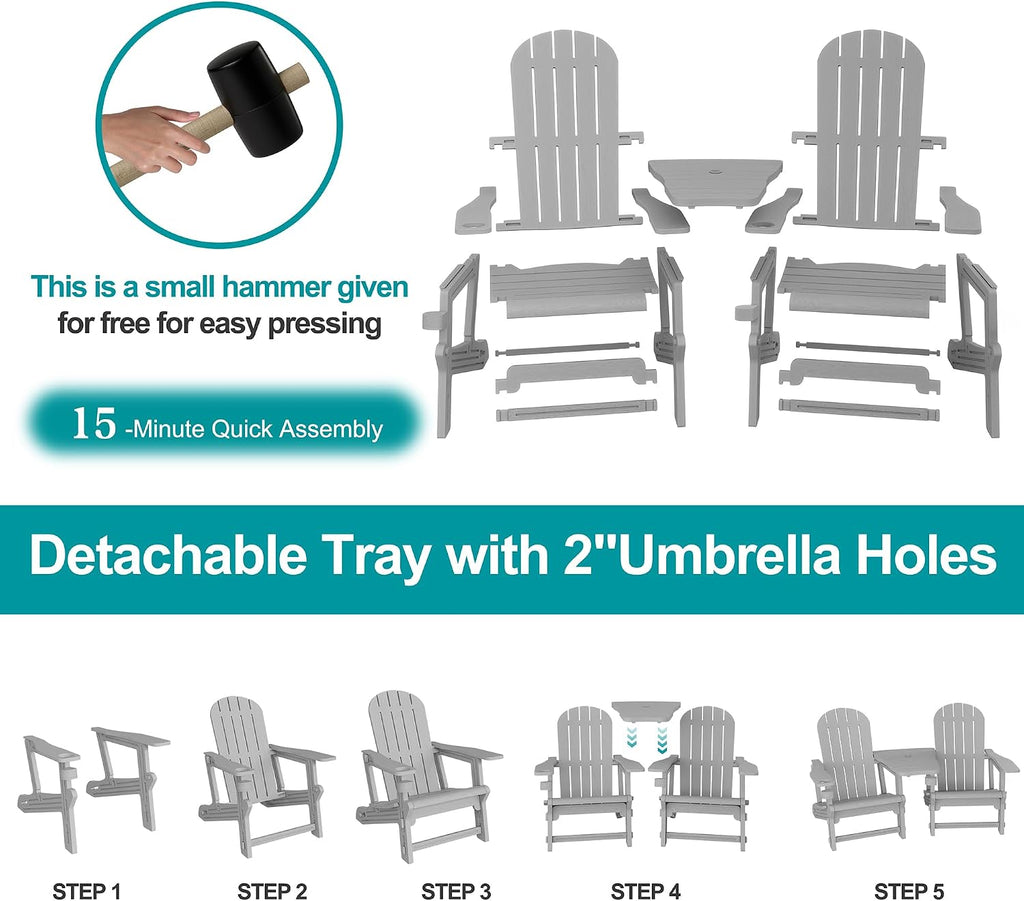 Outdoor Adirondack Chair Set of 2, All-Weather HDPE Patio Furniture with Detachable Table, Wood Texture & Cup
