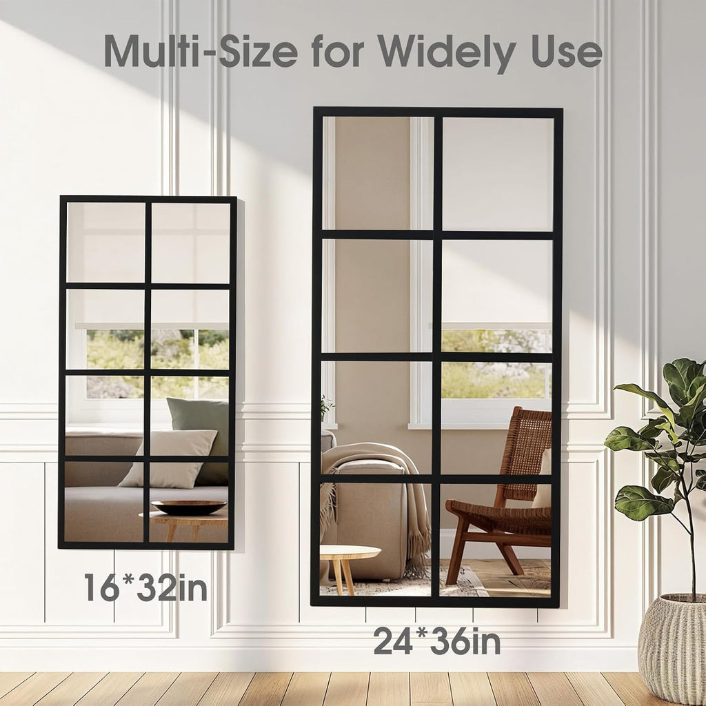 Wall Mirror 16" x 32", Set of 2 Rectangle Window Pane Decorative Mirrors, Metal Framed Wall Mounted Mirror