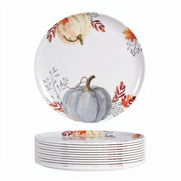 Melamine Dinner Plates, Set of 12, 10.5 Inch Fall Plates, Pumpkin Design