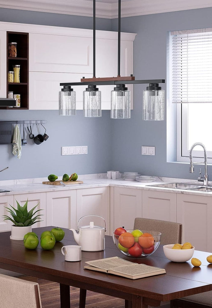 Dining Room Light Fixture 4-Light Kitchen Island Lighting with Adjustable Rods, Farmhouse Decor Black Metal & Wood